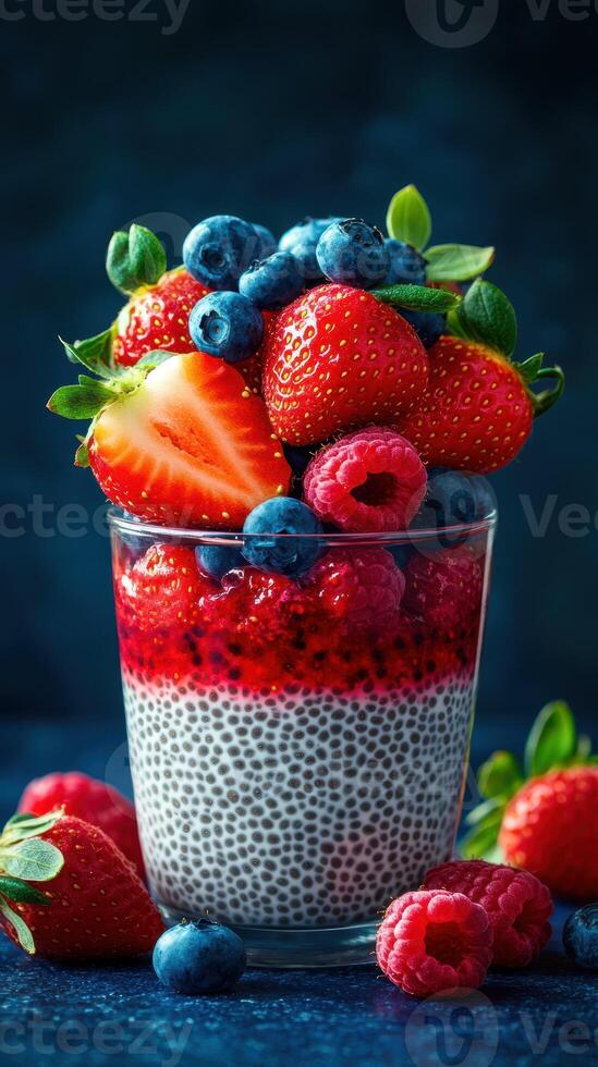 Delicious chia seed pudding layered with fresh berries in a clear glass, showcasing vibrant colors and textures photo
