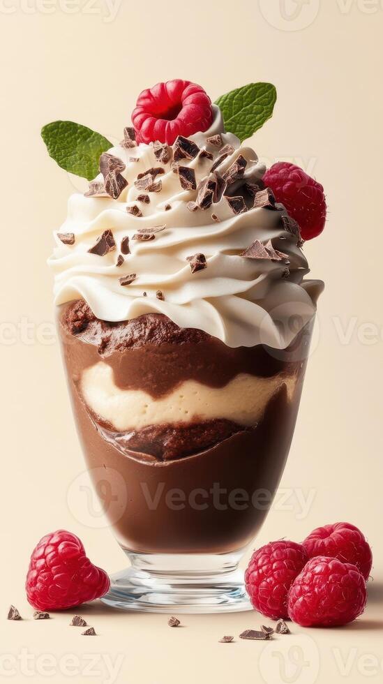 Indulgent chocolate dessert topped with whipped cream, raspberries, and chocolate shavings served in a glass photo