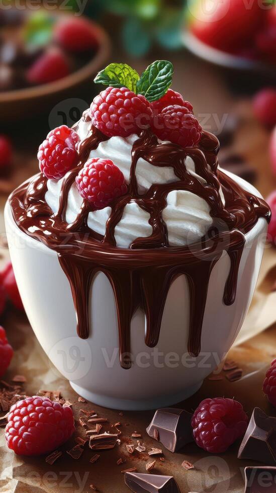 Delicious dessert featuring whipped cream, chocolate, and fresh raspberries in a cozy setting photo