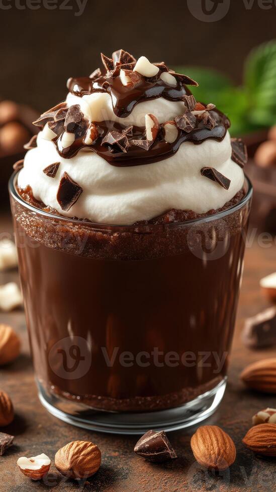 Rich chocolate dessert topped with whipped cream and chocolate shavings in a cozy setting featuring nuts photo