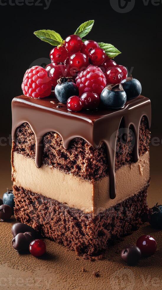 Decadent chocolate cake slice topped with fresh berries and creamy filling on a rustic wooden surface photo