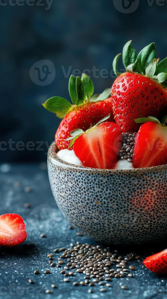 Fresh strawberries with yogurt and chia seeds in a textured bowl set against a dark backdrop photo