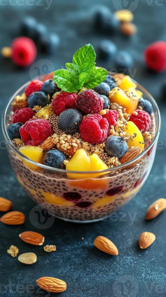 Colorful fruit parfait served in a clear glass bowl with chia seeds and nuts at a sunlit kitchen table photo