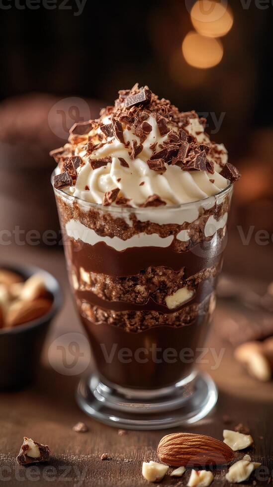 Indulgent chocolate dessert layered with cream and nuts served in a glass at a cozy cafe photo