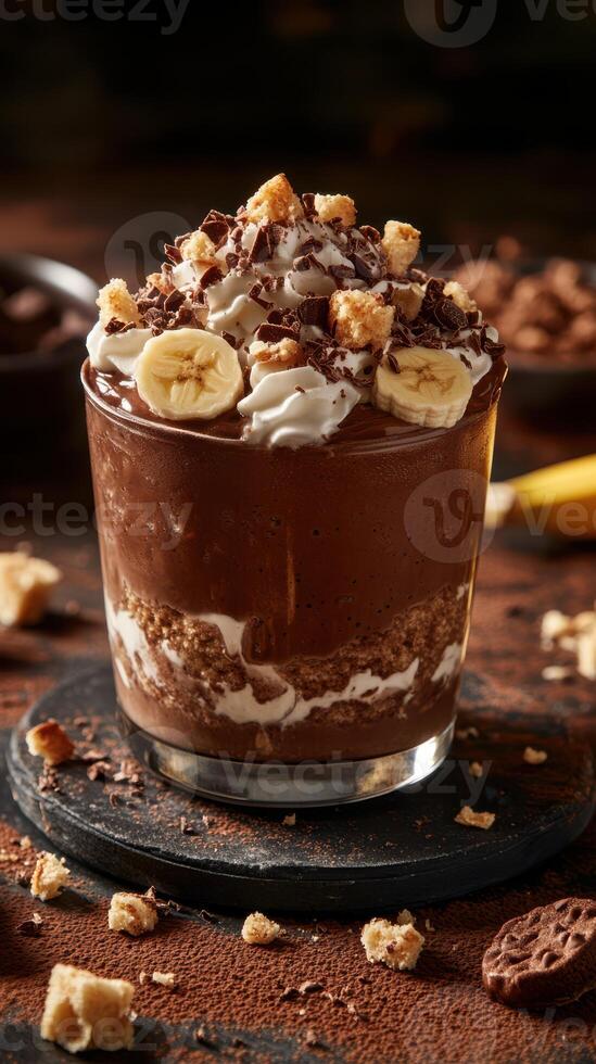 Delicious chocolate dessert featuring layers of cream, banana slices, and chocolate crumbles in a stylish glass photo