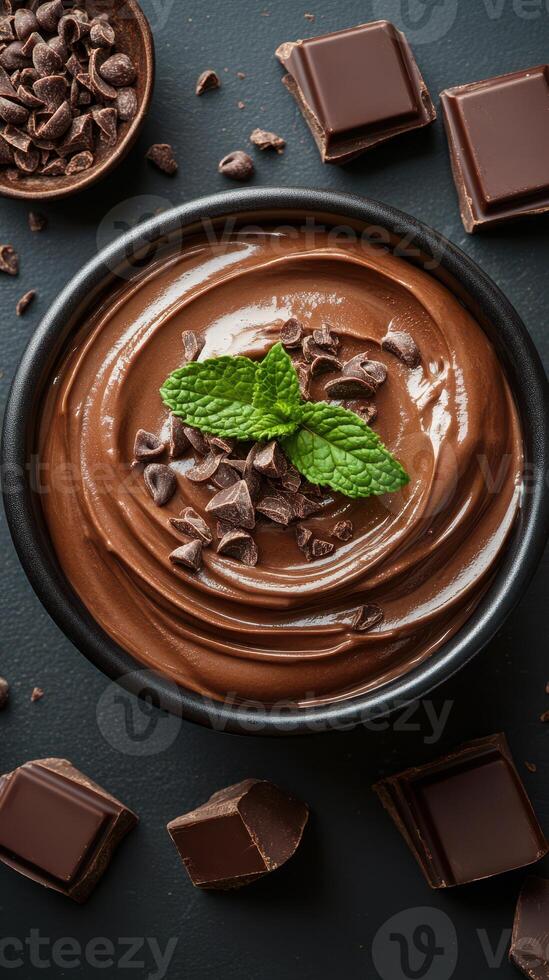 Delicious chocolate mousse topped with mint leaves and chocolate chips on a dark surface photo