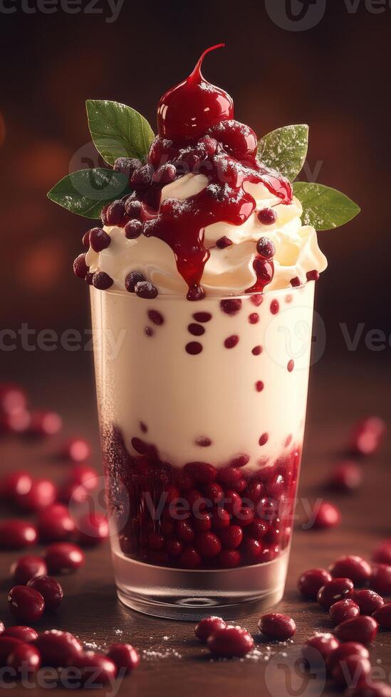 Delicious dessert with creamy layers and vibrant toppings served in transparent glass photo