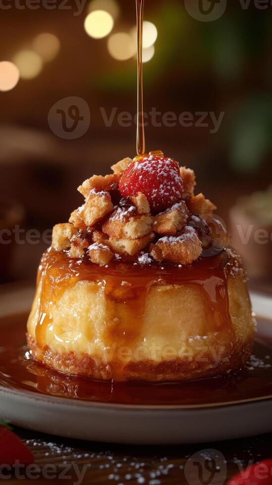 Delicious dessert with caramel drizzle and strawberry topping served on a plate at a cozy setting photo