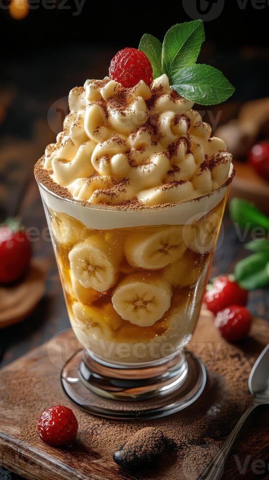 Delicious dessert featuring layers of bananas, cream, and chocolate with fresh raspberries on top photo