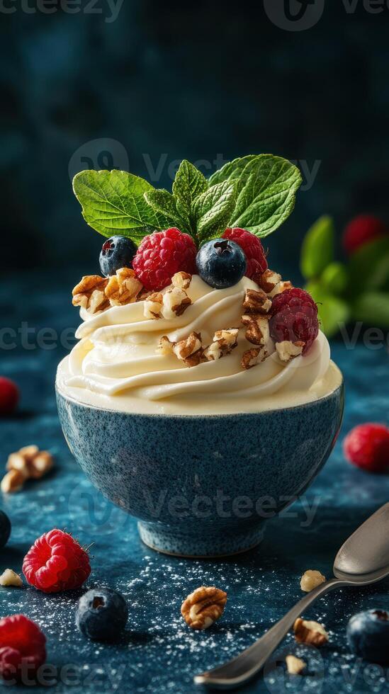 Delicious dessert bowl filled with creamy yogurt, fresh berries, and nuts in a stylish setting photo
