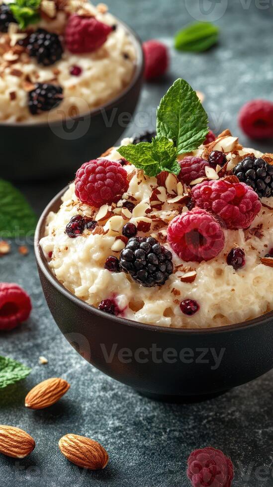 Delicious dessert featuring creamy rice pudding topped with fresh berries and nuts on a rustic background photo