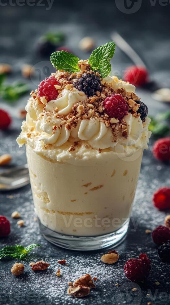 Delicious dessert served in a glass with whipped cream, fresh berries, and nuts atop a rich base photo