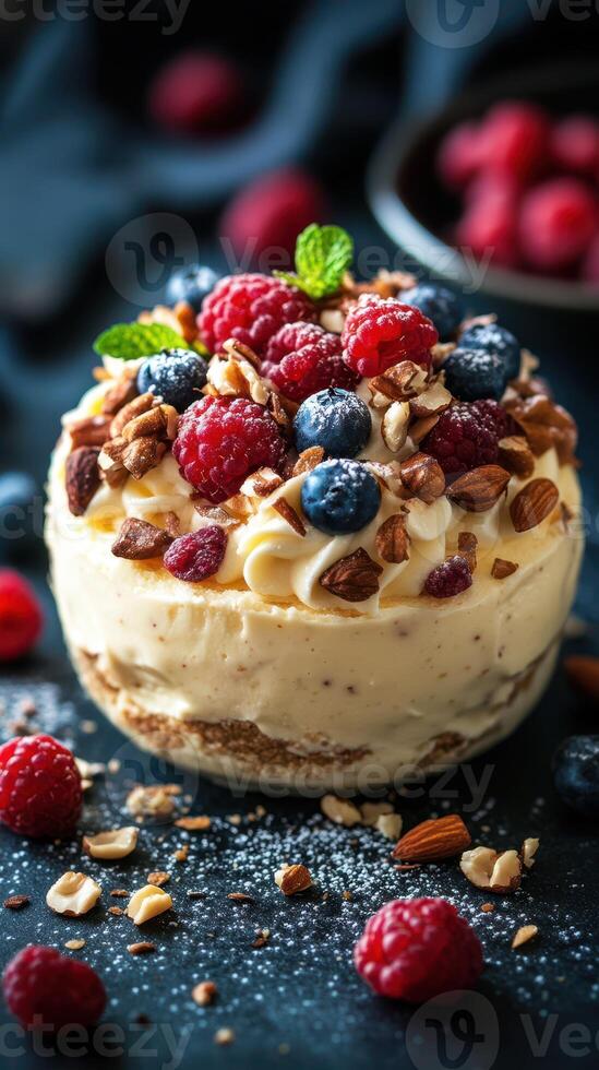 Dessert served in a glass with layers of cream, berries, and nuts, garnished beautifully for a fresh and indulgent treat photo