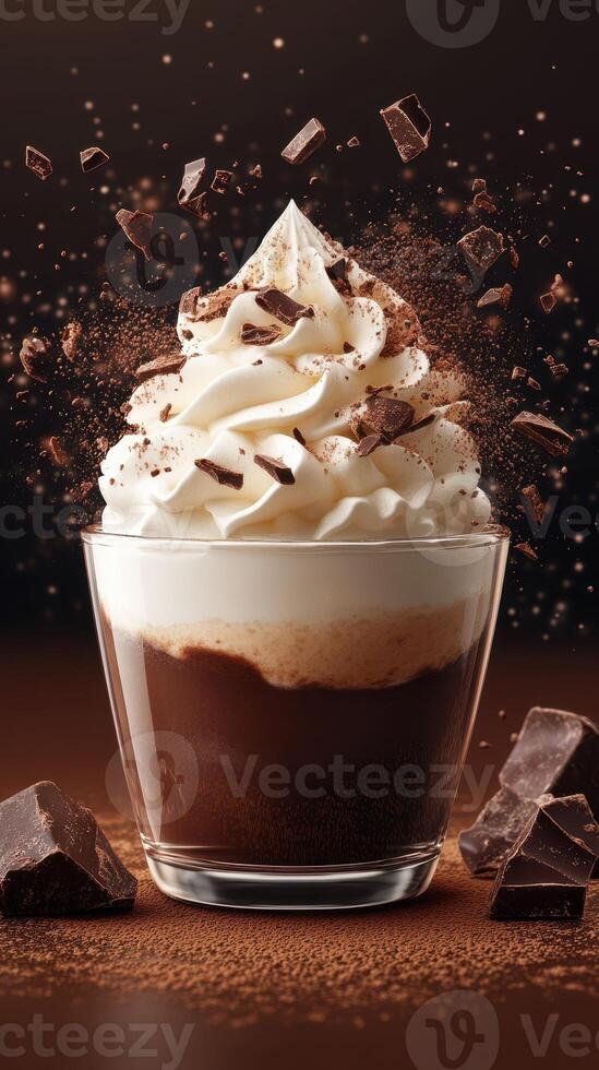 Decadent dessert in a glass showcasing layered chocolate and whipped cream topped with chocolate shards photo