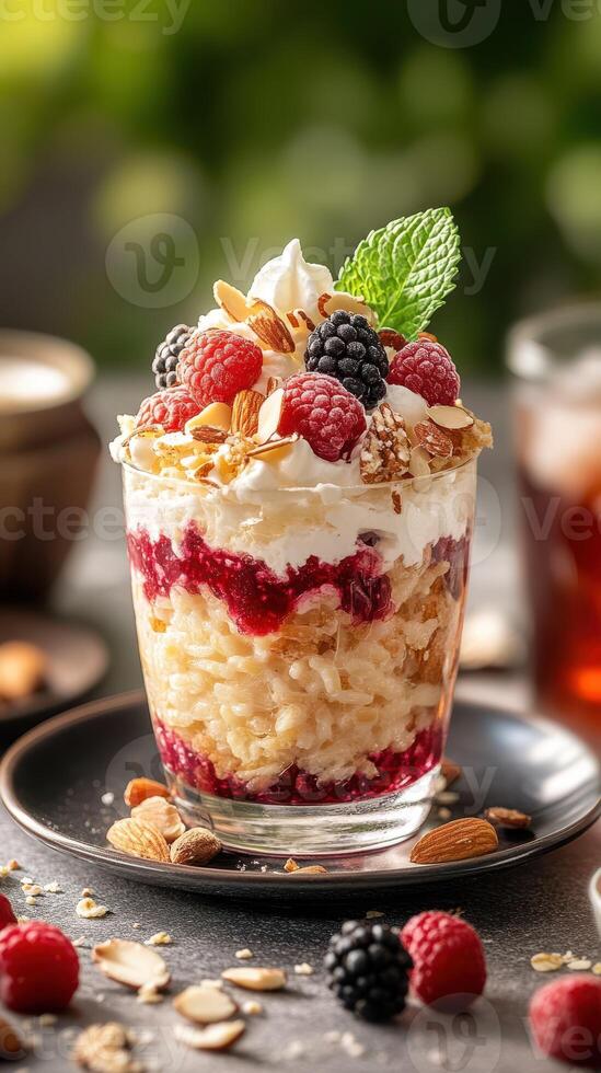Delicious layered dessert with berries, cream, and nuts served during a sunny afternoon photo