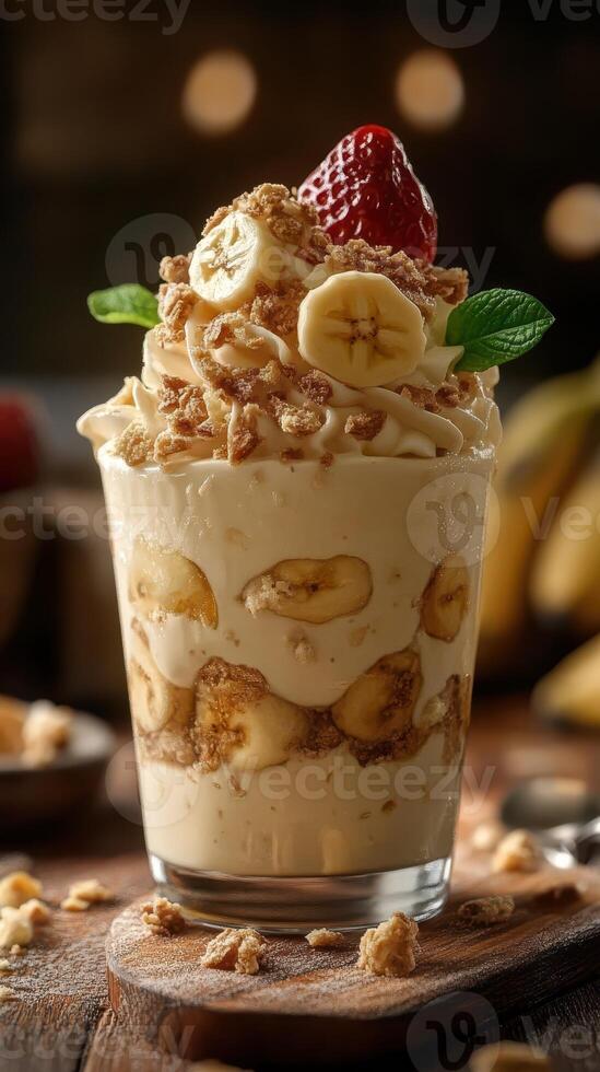 Delicious dessert featuring layers of banana, cream, and granola topped with a strawberry and mint on a wooden table photo