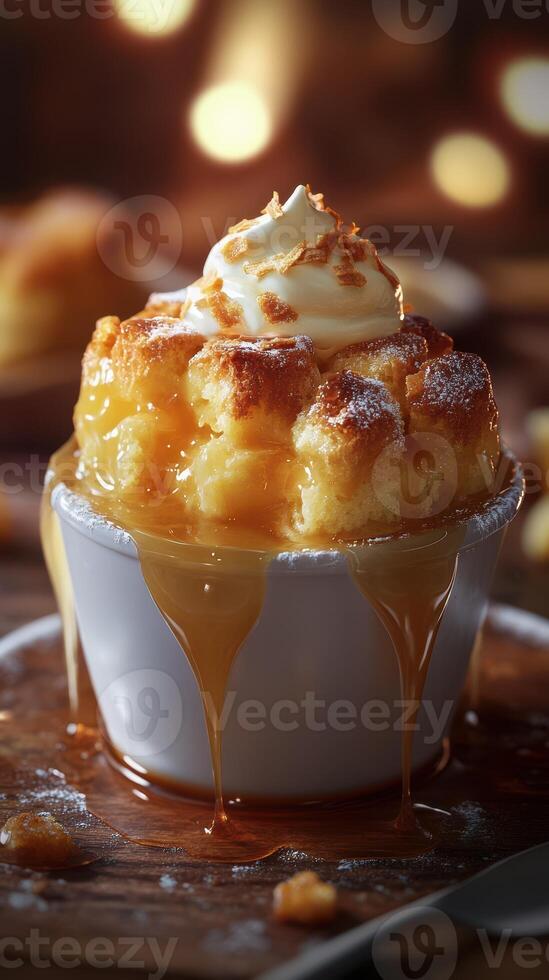 Decadent dessert featuring warm, gooey caramel bread pudding topped with whipped cream in an inviting setting photo