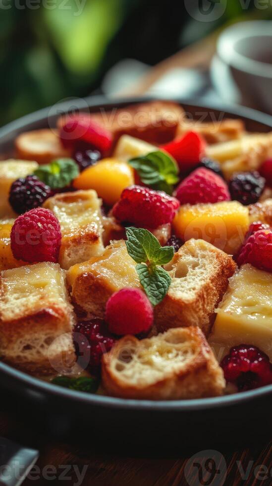 Colorful fruit-topped bread pudding served in a rustic bowl at a cozy cafe in the afternoon photo