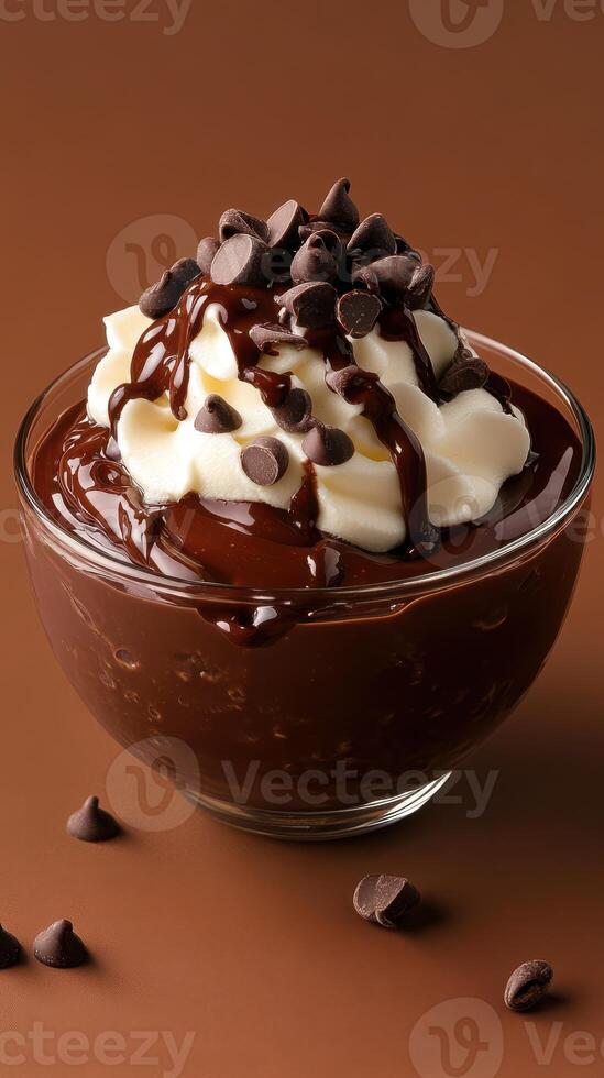 Delicious chocolate pudding topped with whipped cream and chocolate chips in a clear glass bowl photo