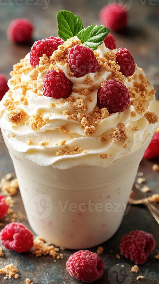 Delicious dessert featuring whipped cream, fresh raspberries, and crumbled topping served in a cup photo