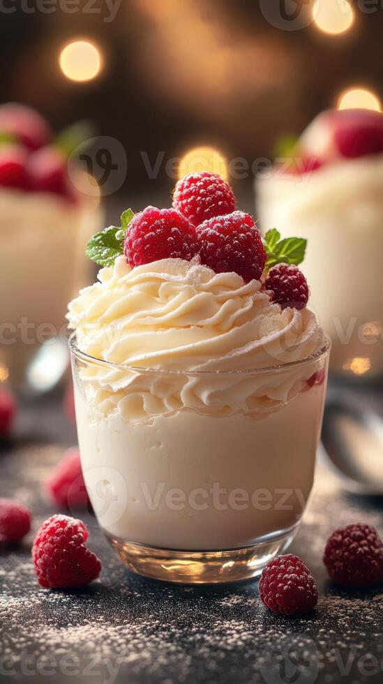 Dessert featuring creamy whipped cream topped with fresh raspberries and mint arranged elegantly on a dark table photo