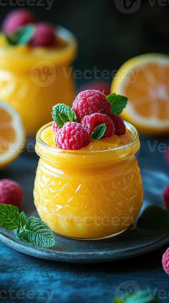 Colorful dessert featuring raspberry and lemon flavors garnished with mint and placed on a dark blue background photo