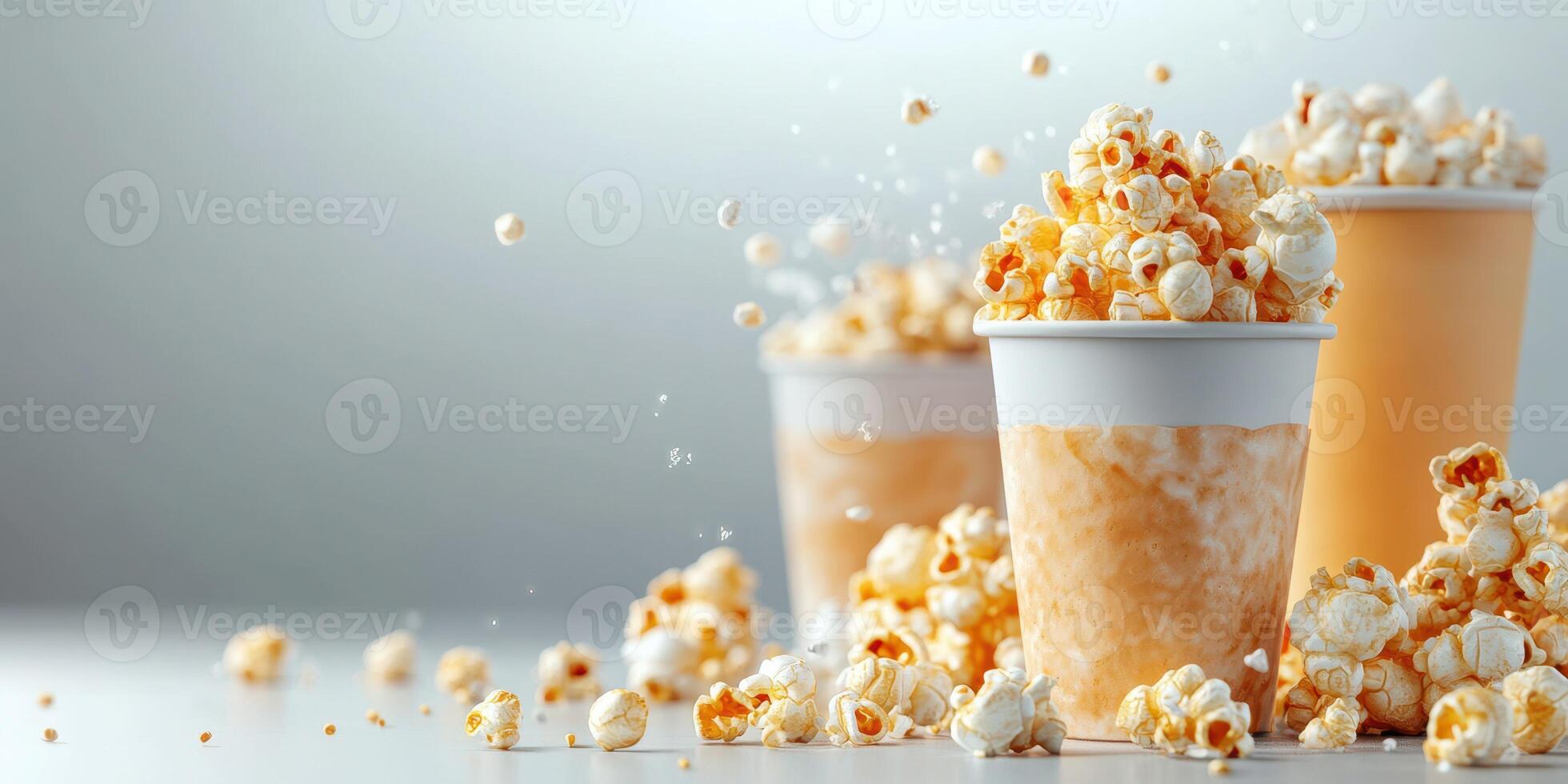 Freshly made popcorn overflowing from cups on a clean white surface in a well-lit environment photo