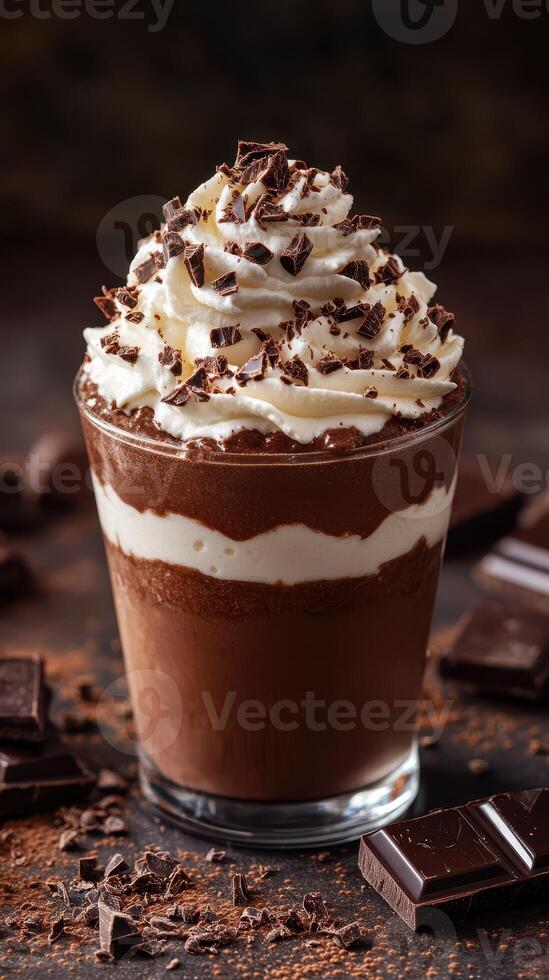 Creamy chocolate dessert topped with whipped cream and chocolate shavings in a clear glass photo