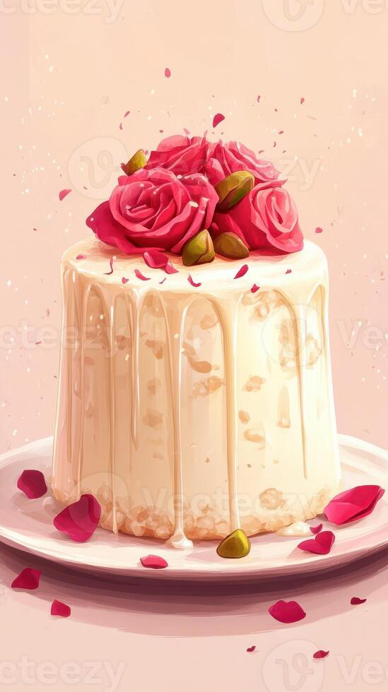Elegant cake adorned with pink roses and delicate petals on a softly colored background photo
