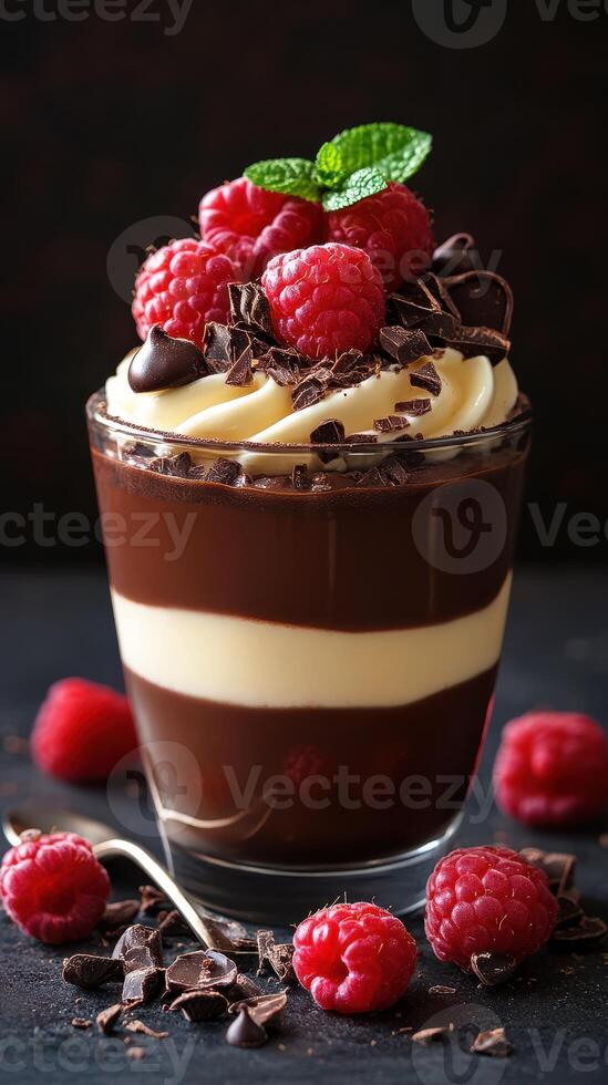 Delicious dessert featuring layers of chocolate and vanilla cream topped with fresh raspberries and mint photo