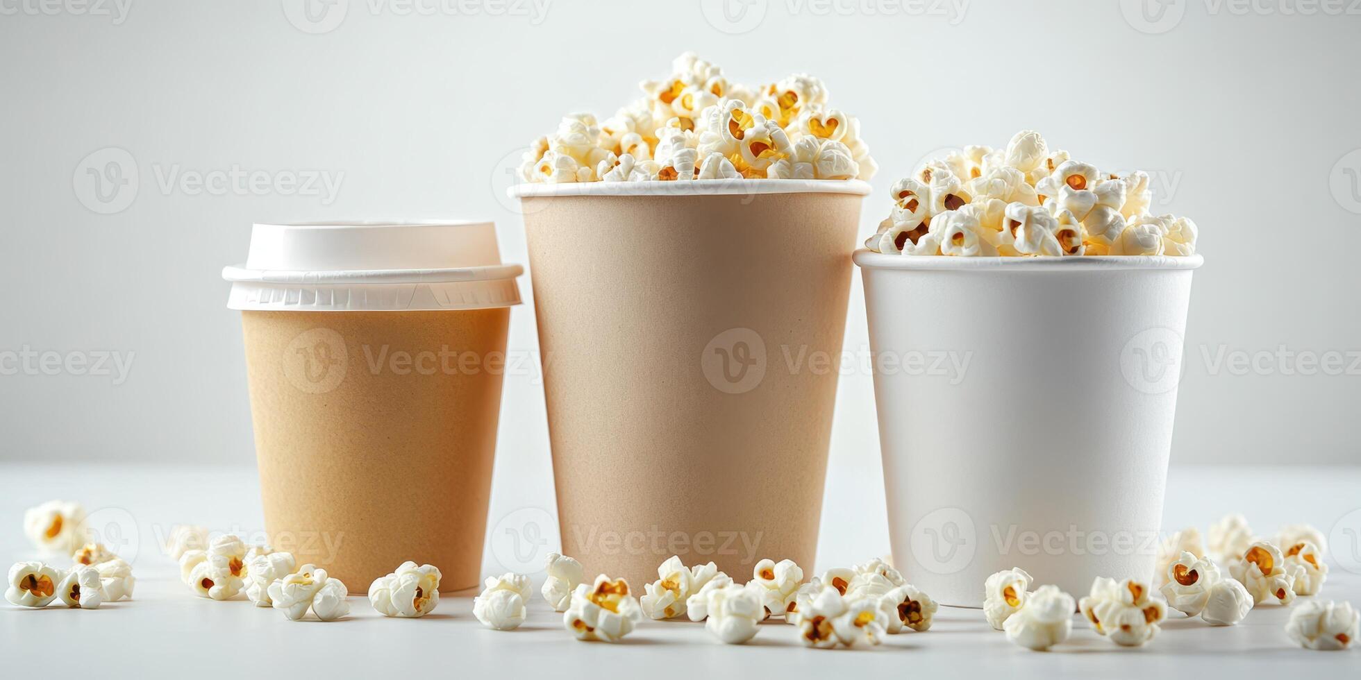 Popcorn varieties in different containers displayed on a neutral background for snack enjoyment during movie night photo