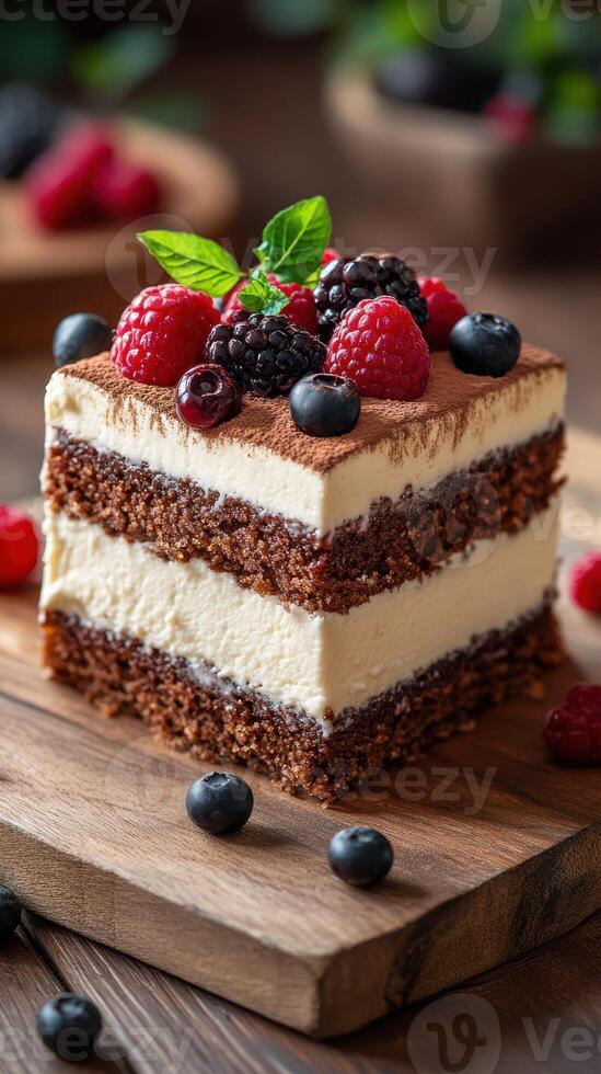 Delicious chocolate cake layered with creamy filling and topped with fresh berries on a wooden table photo