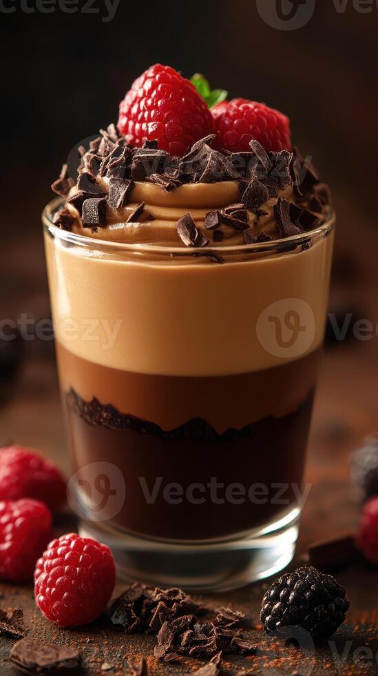 Decadent dessert featuring layers of chocolate cream topped with fresh raspberries in a glass photo