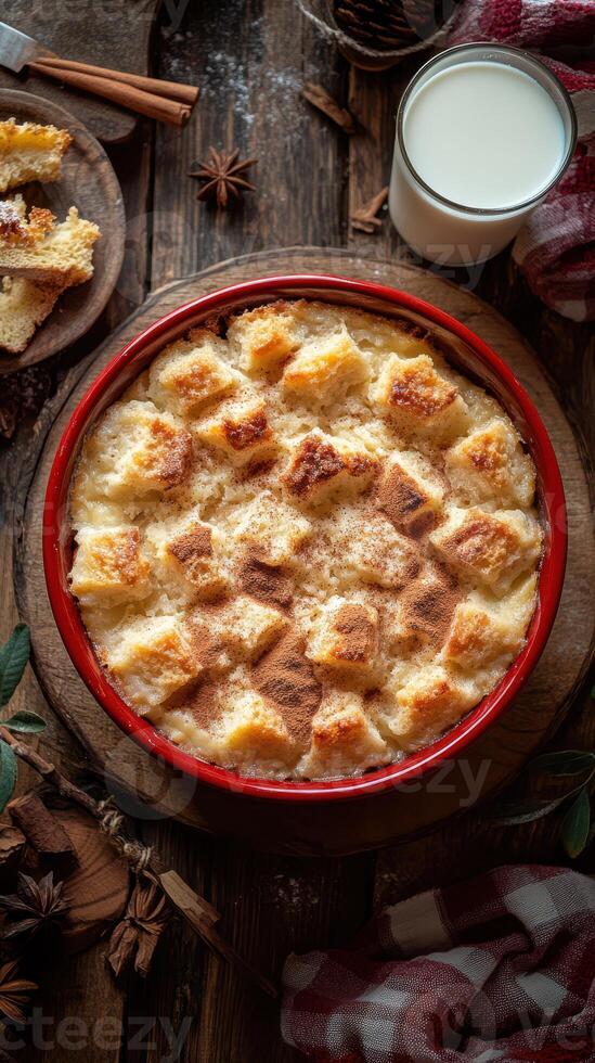 Delicious bread pudding topped with cinnamon in a rustic kitchen setting with milk photo