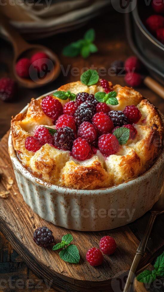 Delightful berry bread pudding topped with fresh raspberries and blackberries on a rustic wooden table photo