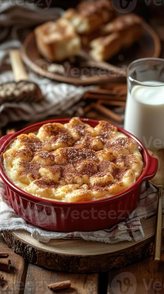 Delicious baked banana pudding with a rich topping served with a glass of milk in a cozy kitchen setting photo