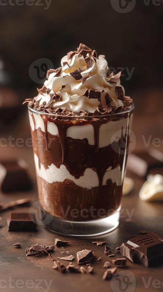 Creamy chocolate dessert topped with whipped cream and chocolate shavings in a rustic setting photo