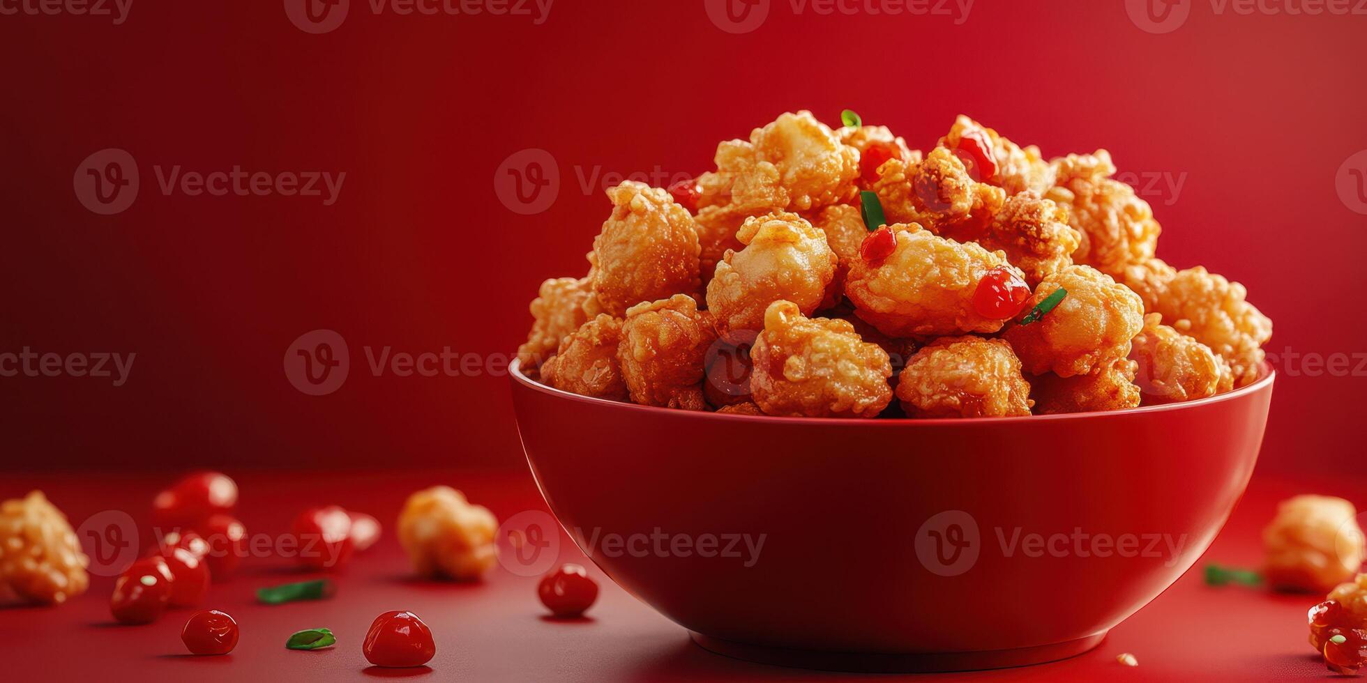 Deliciously crunchy caramel popcorn served in a vibrant red bowl with scattered cherries on a red background photo
