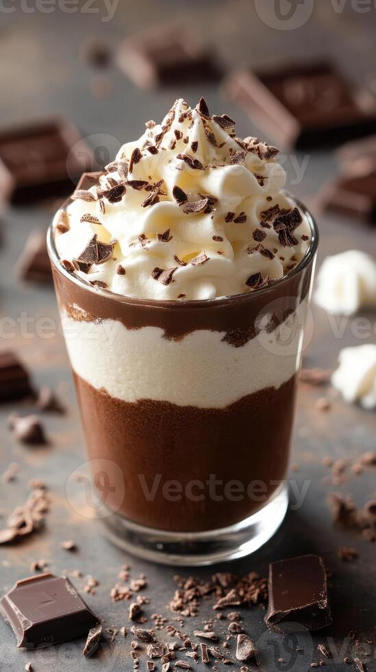 Delicious chocolate dessert topped with whipped cream and chocolate shavings served in a glass photo