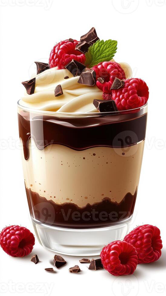 Delicious dessert with layers of chocolate, cream, and fresh raspberries served in a glass dessert dish photo