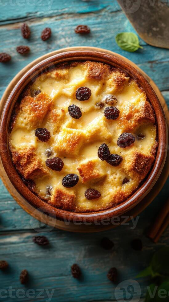 Delicious bread pudding with raisins served in a rustic bowl on a wooden table photo