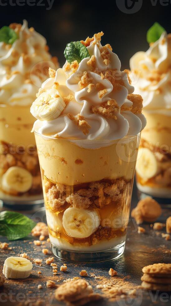 Delicious banana pudding parfaits with whipped cream and crushed cookies served in clear glasses on a dark surface photo