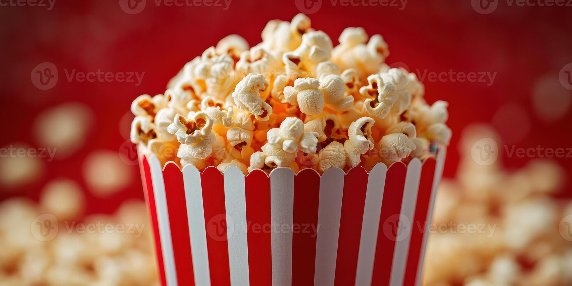 Freshly popped popcorn in a striped container surrounded by scattered kernels on a vibrant red background photo