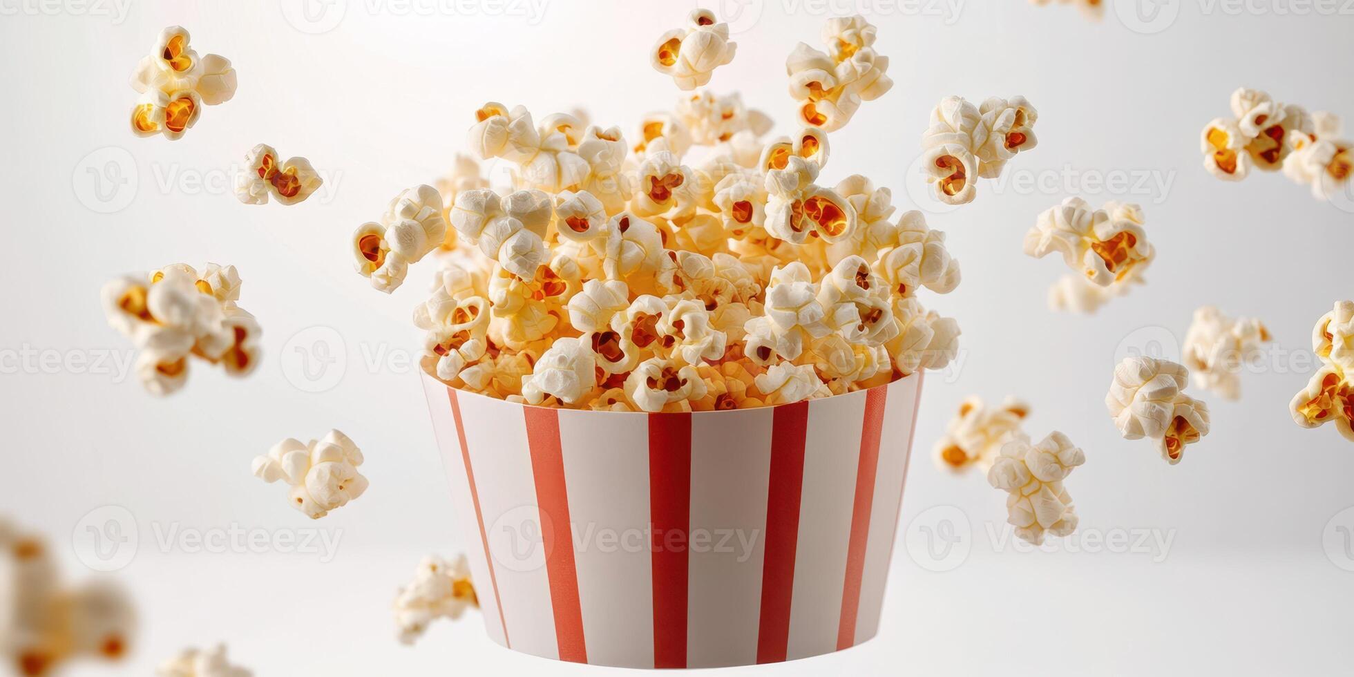 Popcorn bursts from striped container in a playful display with bright background photo