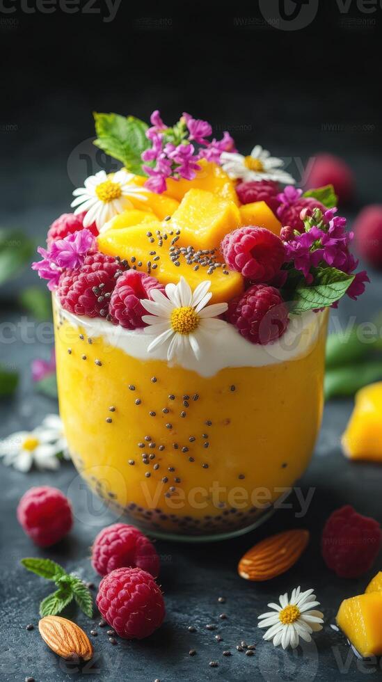Colorful dessert with mango, raspberries, and edible flowers in a glass on a dark background photo