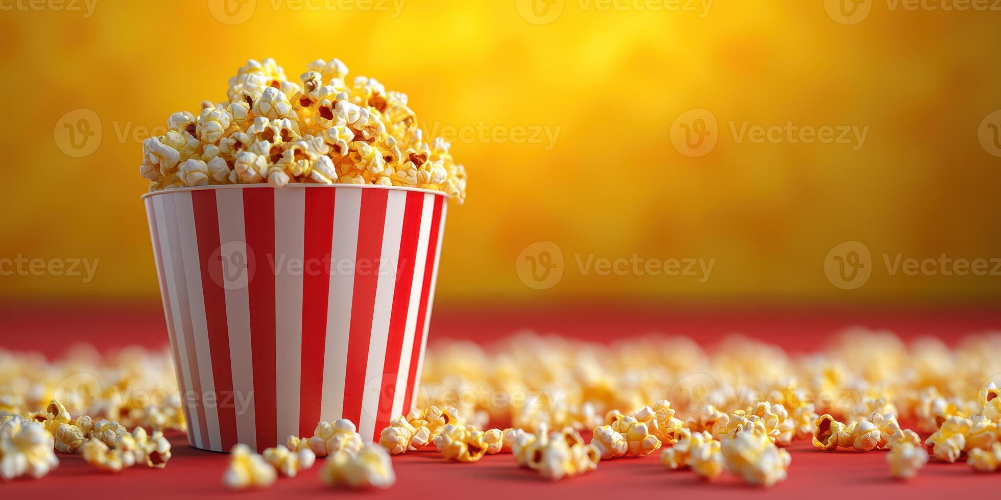 Delicious popcorn in a striped bucket with scattered kernels on a vibrant background photo