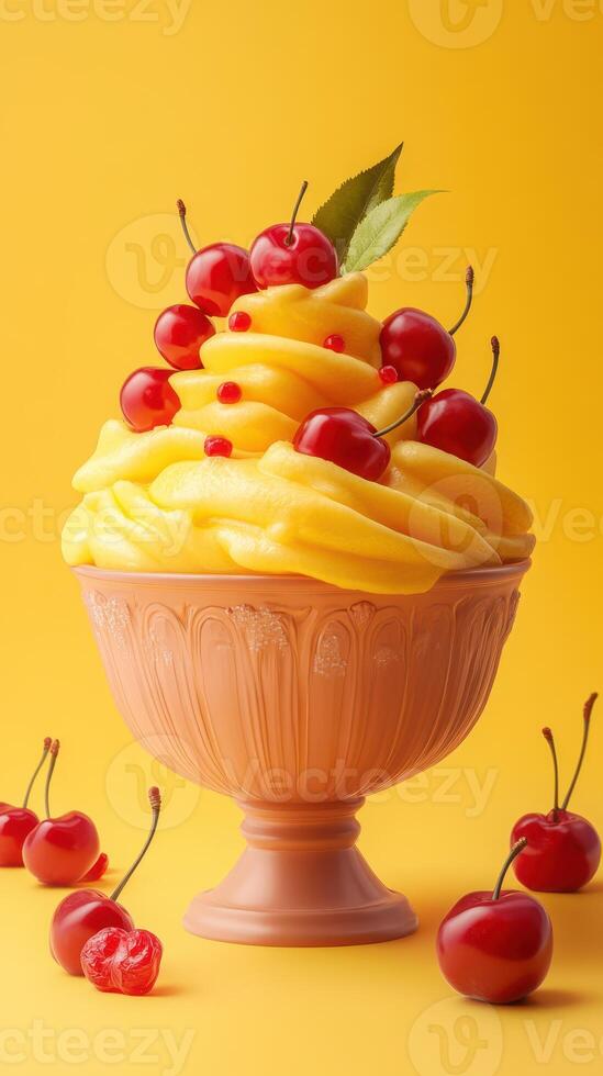 Delicious mango soft serve topped with bright red cherries in a vibrant setting photo