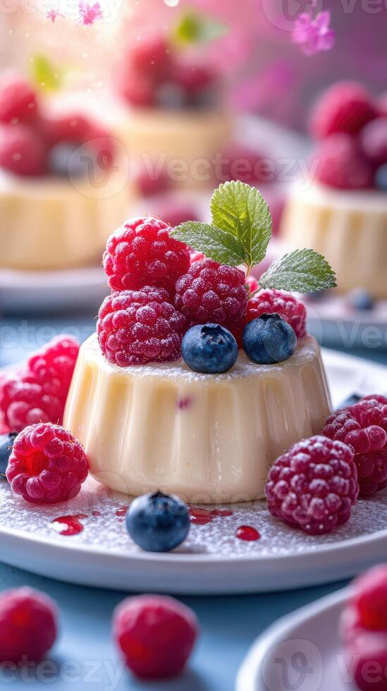 Raspberry panna cotta dessert decorated with fresh berries and mint leaves served on a plate photo