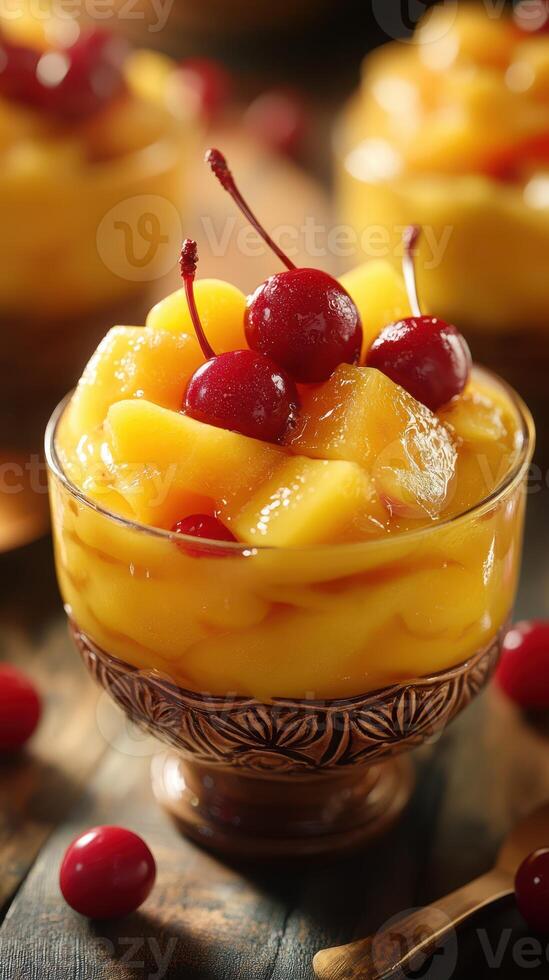 Delicious fruit dessert served in a glass bowl with cherries on top at a cozy dining table photo