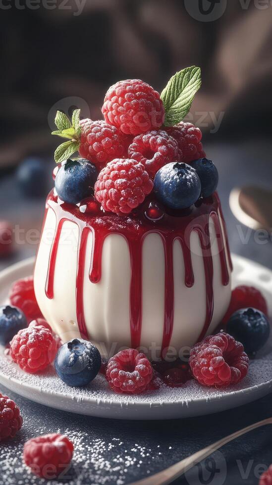 Delicious dessert featuring creamy panna cotta topped with fresh berries and raspberry sauce on a dark background photo